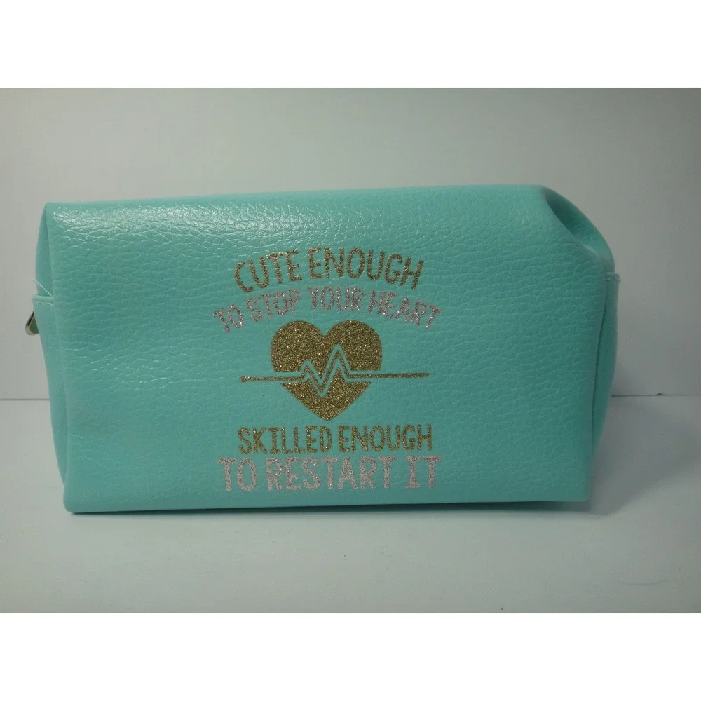 Nurse Cosmetic Bag Teal Faux Leather Skilled Enough To Restart It Glitter Pouch